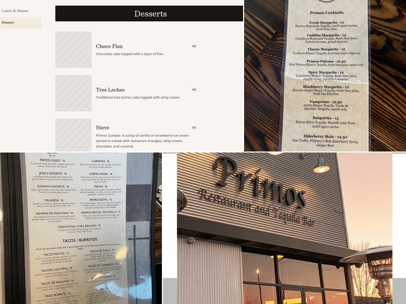 Primos Restaurant and Tequila Bar Menu