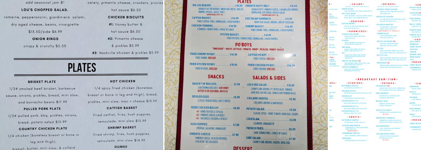 Lou's Luncheonette Menu