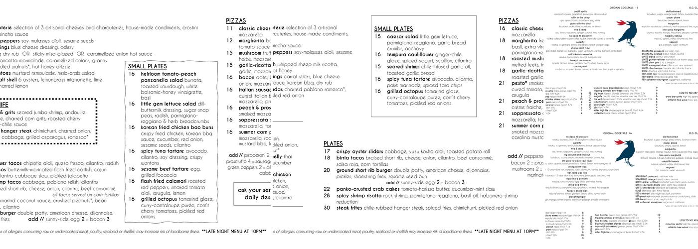 Crow Bar Menu