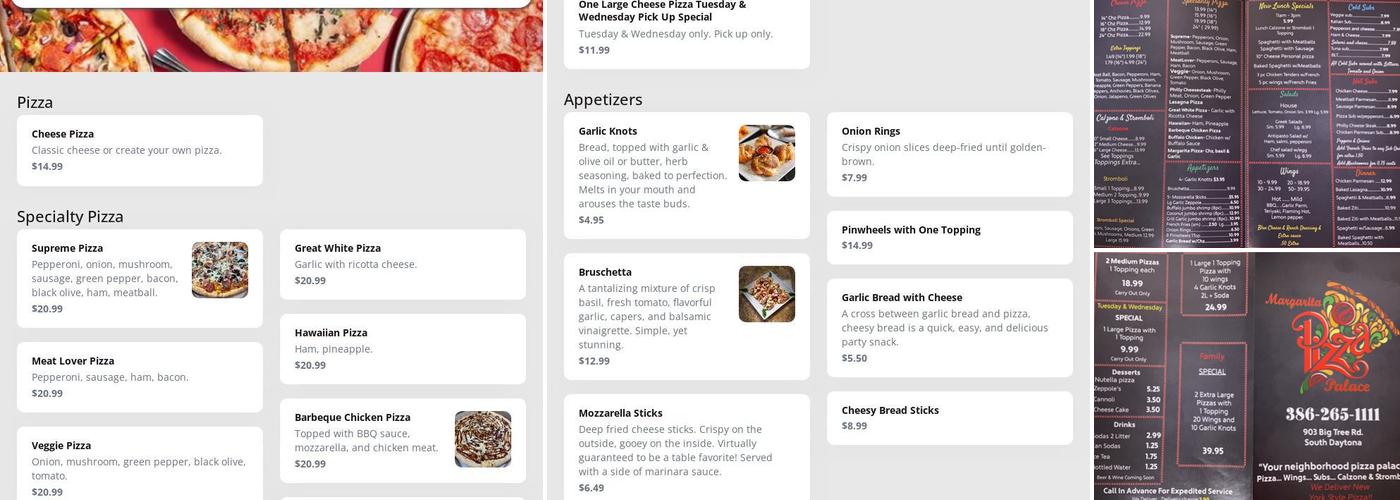 Margaritas pizza palace Menu