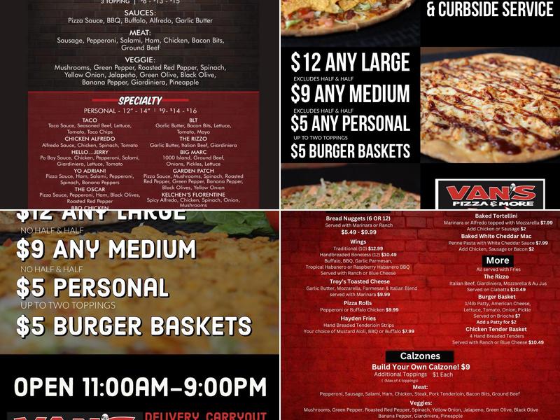 Van's Pizza and More Menu