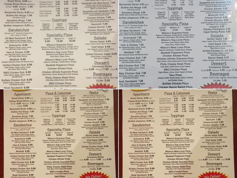 Milano's Pizza Mcgregor Menu