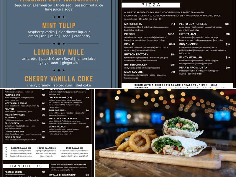 The Prohibition Warehouse Menu