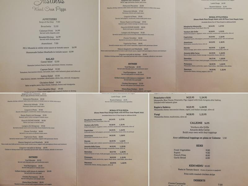 Justino's Wood Oven Pizza Menu
