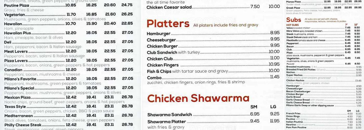 Milano Pizzeria Menu