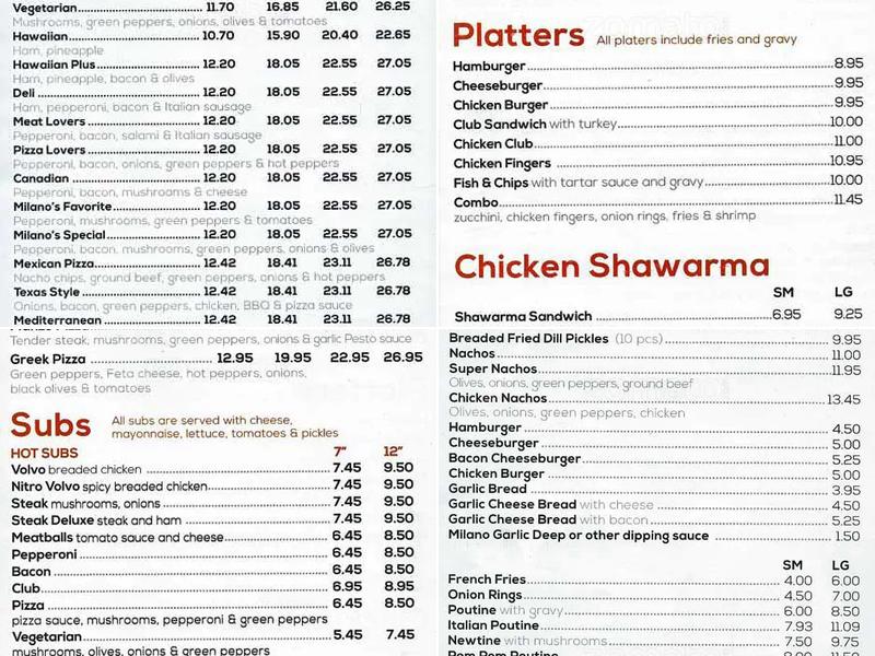 Milano Pizzeria Menu