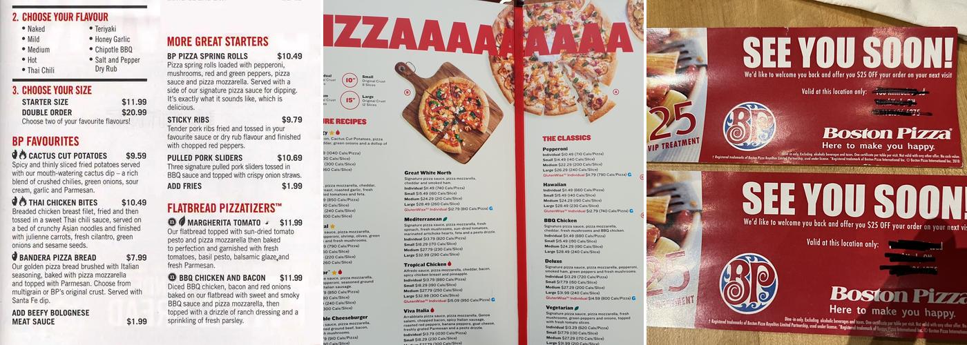 Boston Pizza Menu