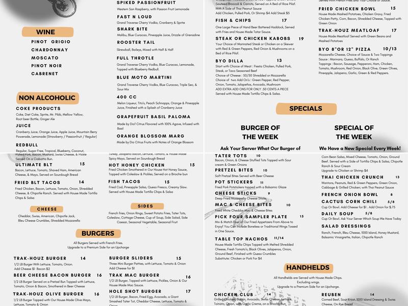 Trak Houz Bar & Grill Menu