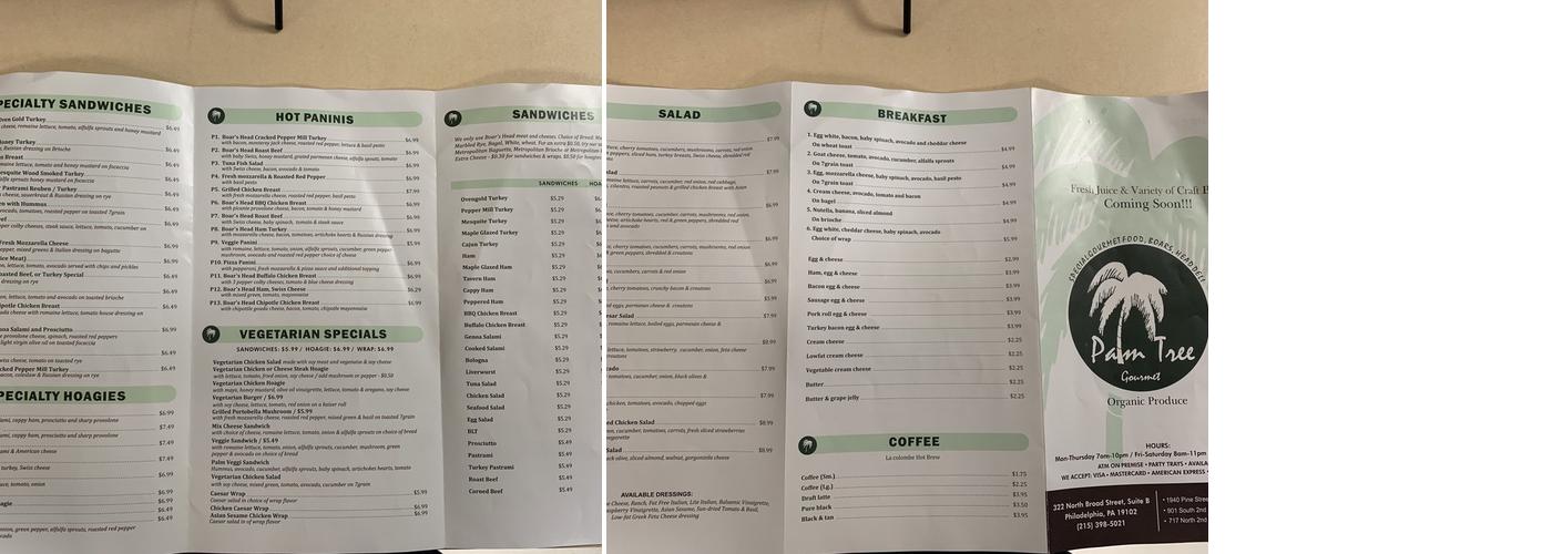 Palm Tree Gourmet Menu