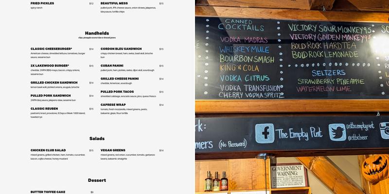 The Empty Pint Menu