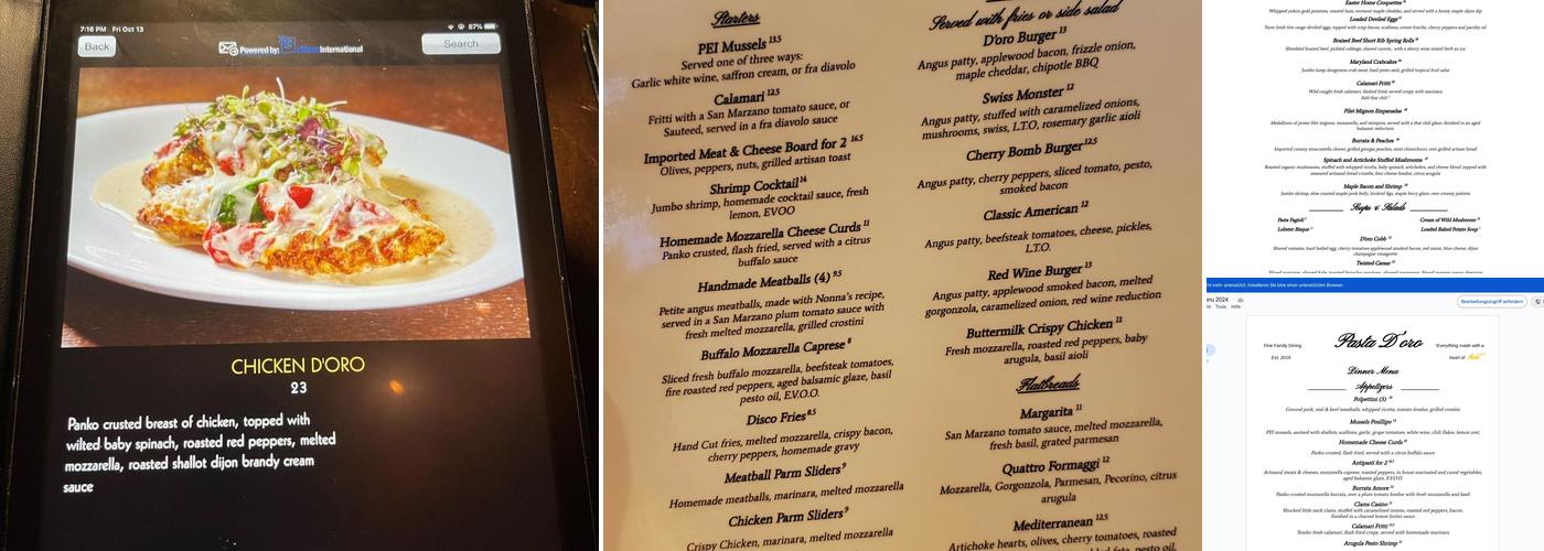 Pasta D'oro Menu