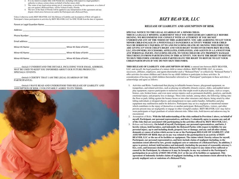 Bizy Beaver Indoor Playground Menu