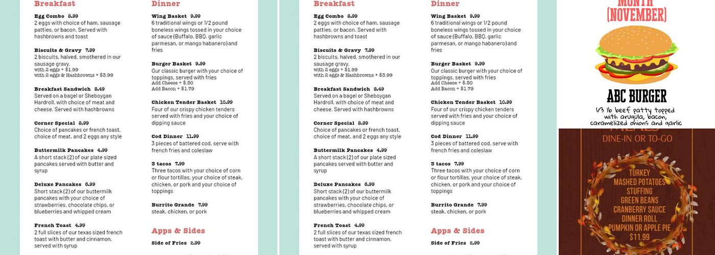 Millers Corner Cafe Menu