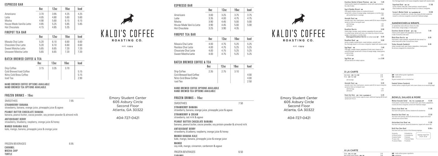 Kaldi's Emory Student Center Menu