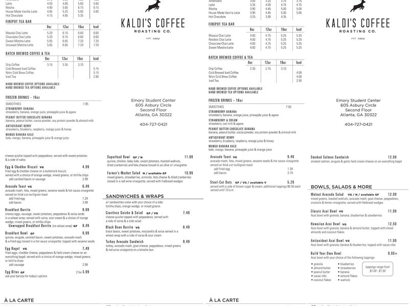 Kaldi's Emory Student Center Menu