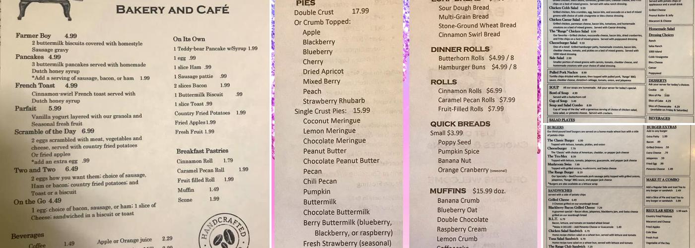 The Open Range Bakery & Cafe Menu