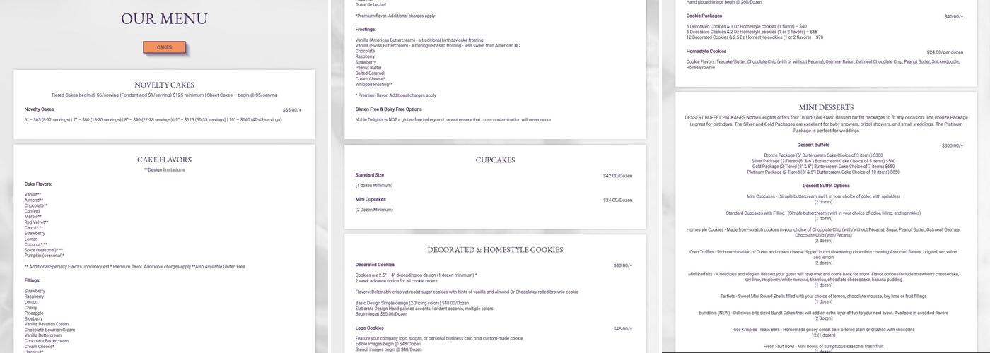 Noble Delights Bakery Menu