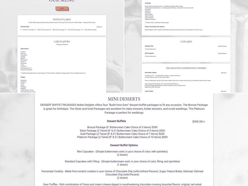 Noble Delights Bakery Menu