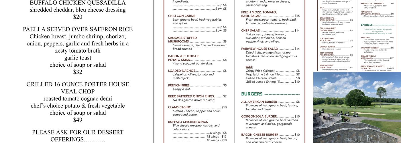 Fairview Farm Golf Course Menu