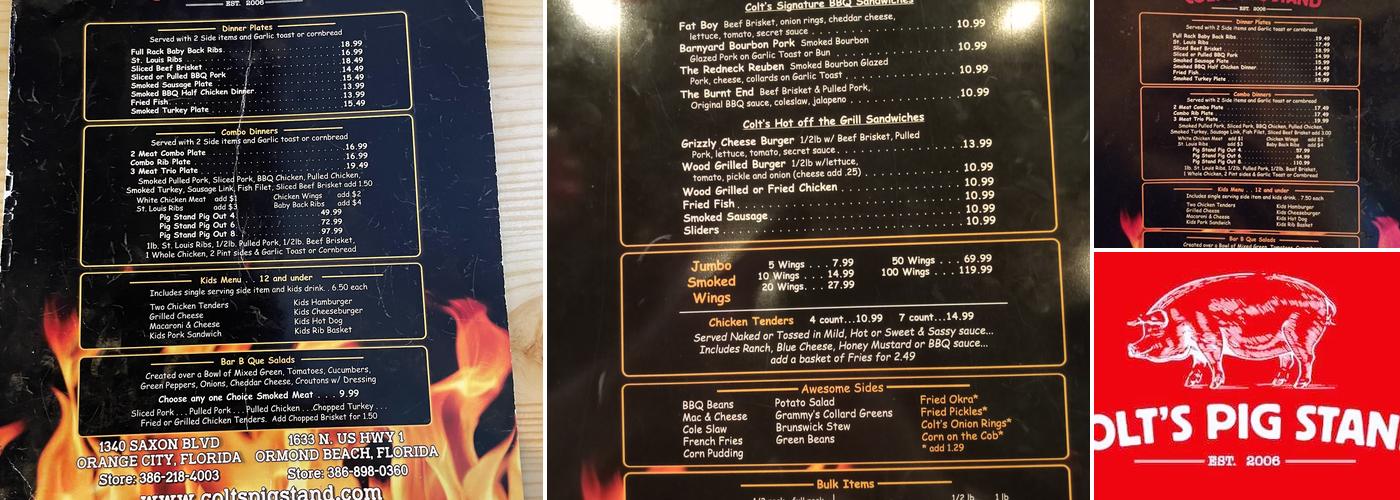 Colt's Pig Stand Menu