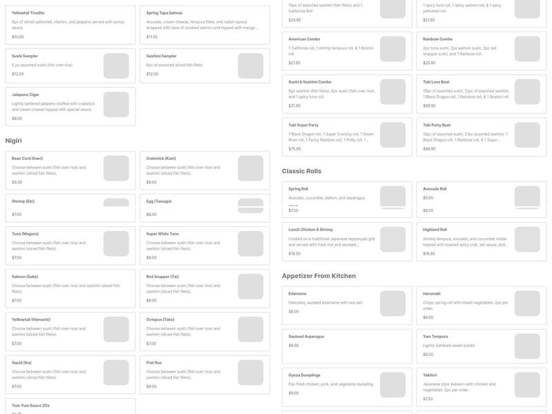 TOKI HIBACHI AND SUSHI Menu