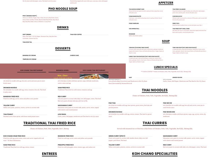 Koh Chang Thai Restaurant Menu