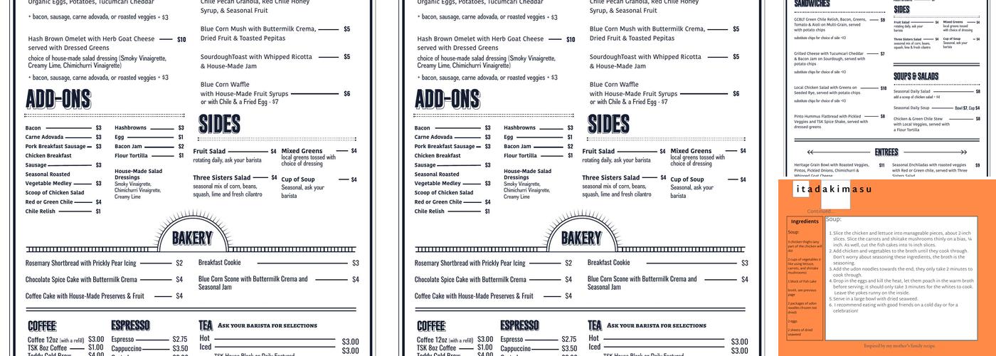 Three Sisters Kitchen Menu