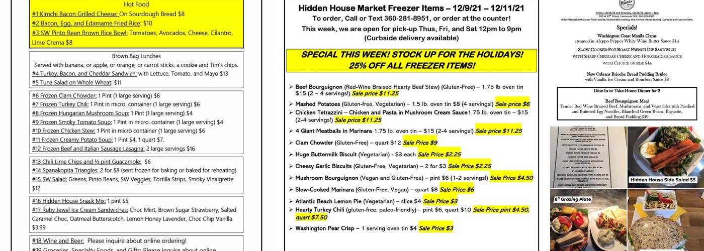 Hidden House Event Space Menu