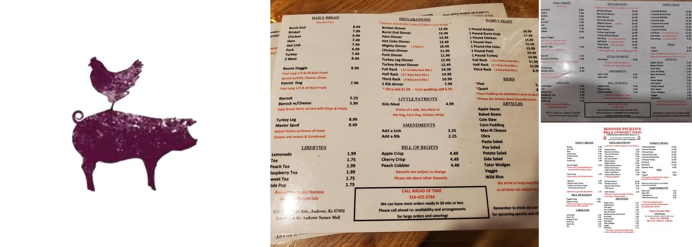 Boones Pickins Menu