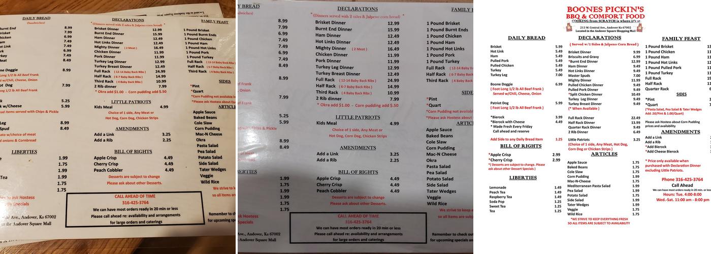 Boones Pickins Menu