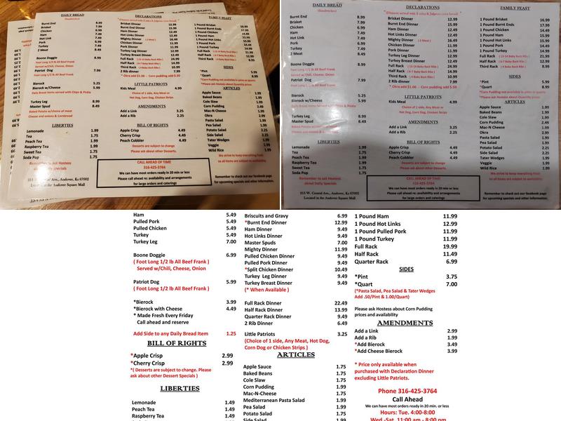 Boones Pickins Menu