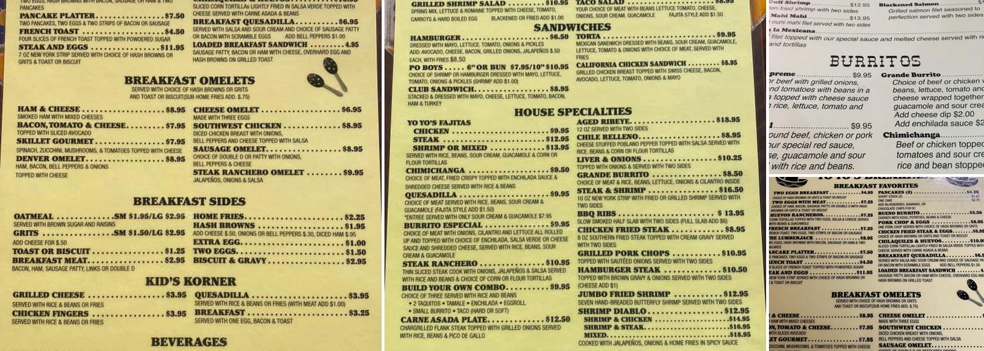Yoyo's Mexican Restaurant Menu
