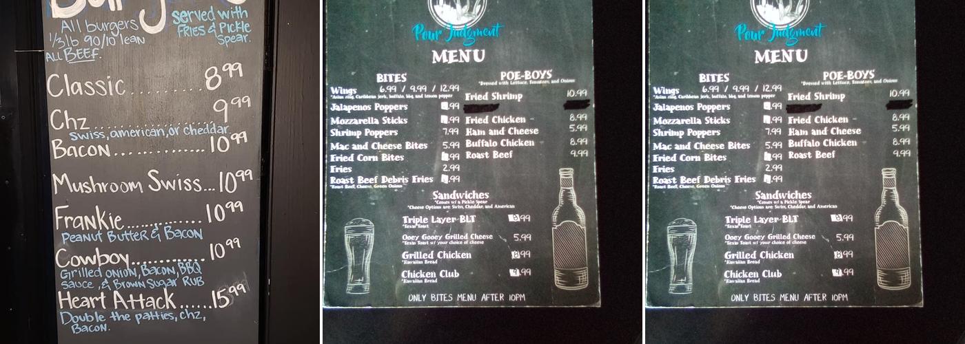 Pour Judgment Bar and Grill Menu