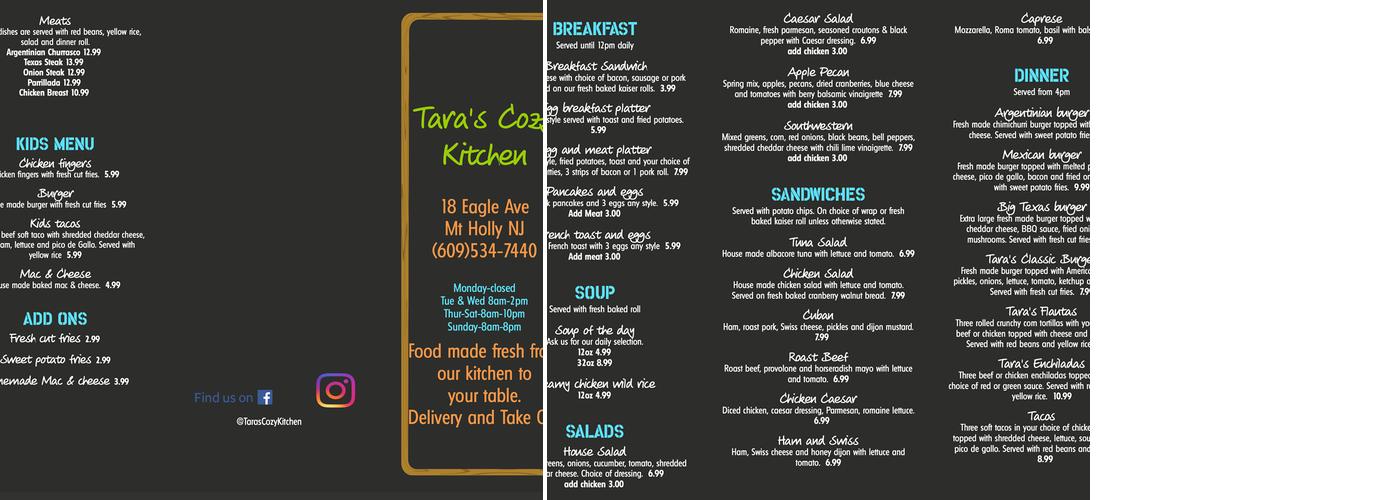 Tara's Cozy Kitchen Menu