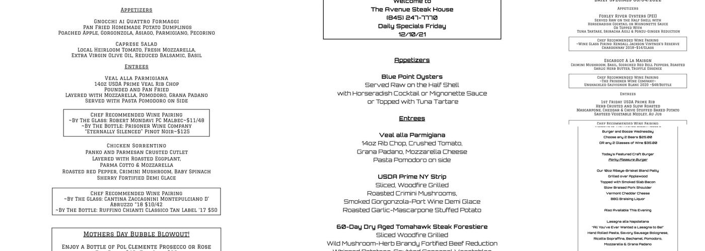 The Avenue Steakhouse Menu