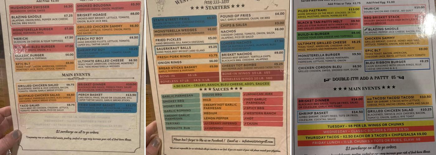West State Street Bar and Grill Menu
