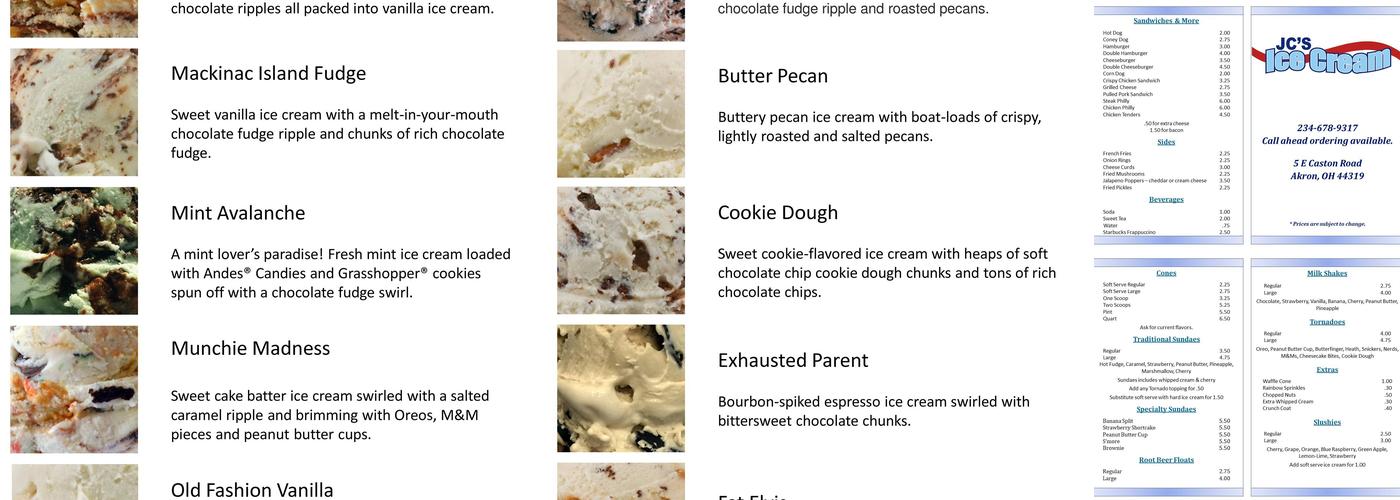 Jc's Ice Cream Menu