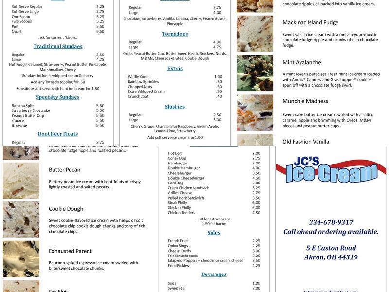 Jc's Ice Cream Menu