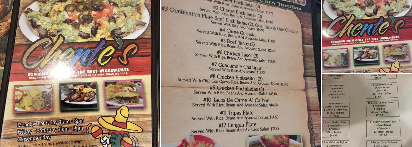 Chente's Tex-Mex Restaurant Menu