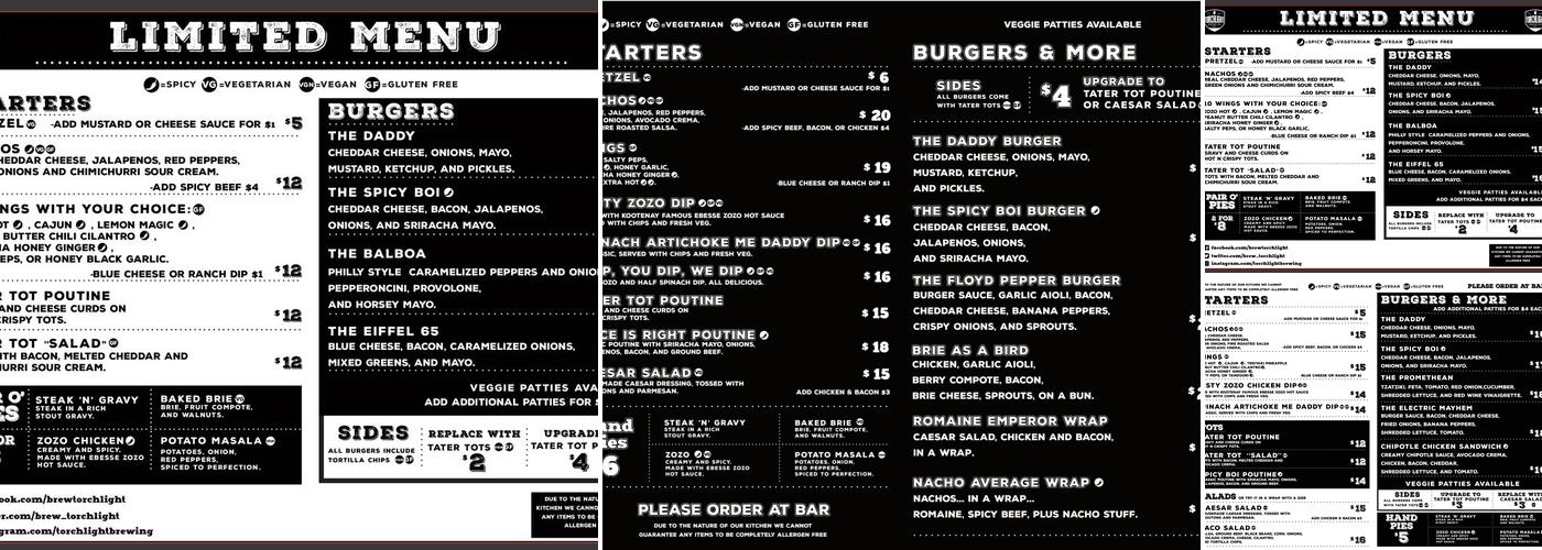 Torchlight Brewing Co. Menu