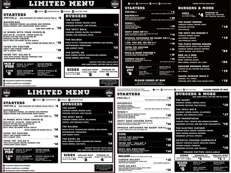 Torchlight Brewing Co. Menu