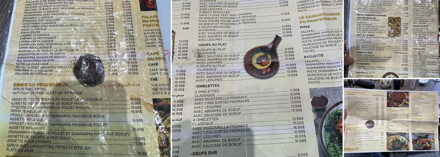 Restaurant Le Professeur Menu