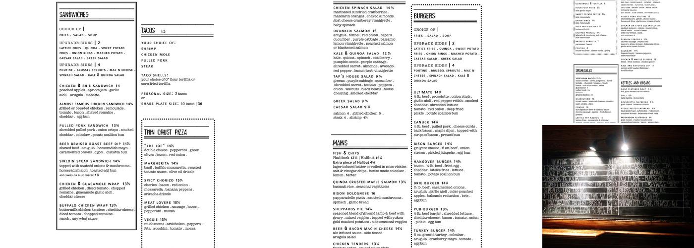 The Tap & Tankard Menu