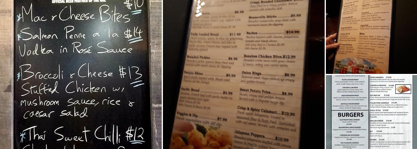 The Pearson Pub Menu