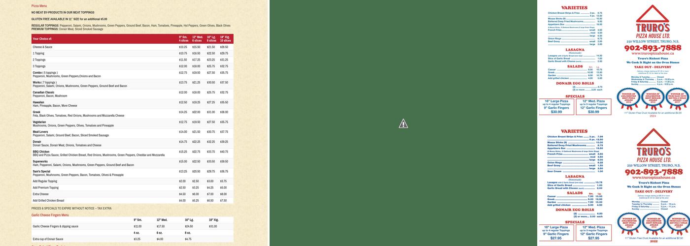 Truro's Pizza House Menu