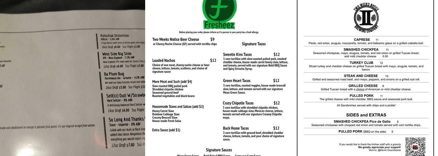 Two Weeks Notice Brewing Co. Menu