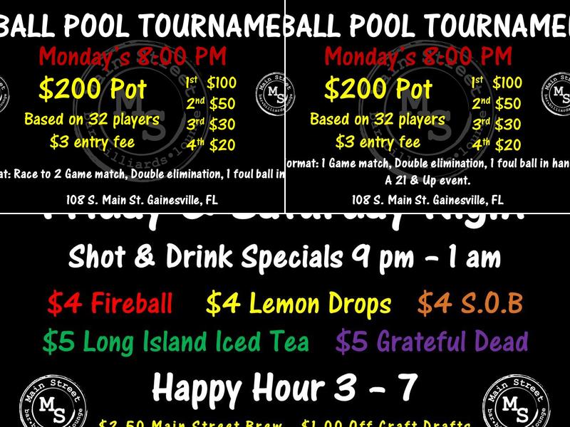 Main Street Bar & Billiards Menu