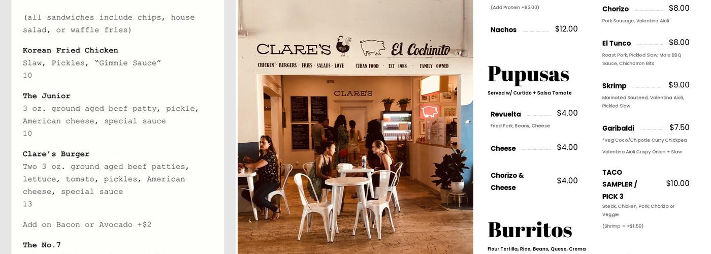 The Bar at Clare's Menu