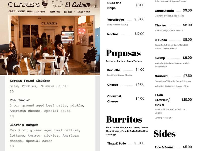 The Bar at Clare's Menu