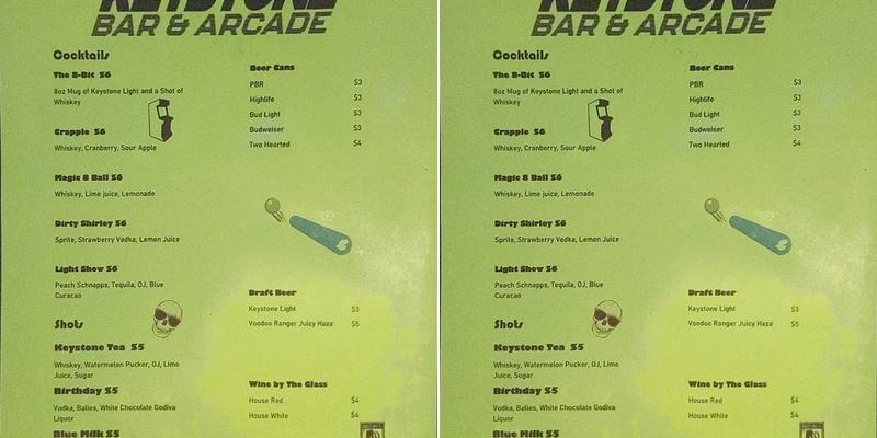 Keystone Bar & Arcade Menu
